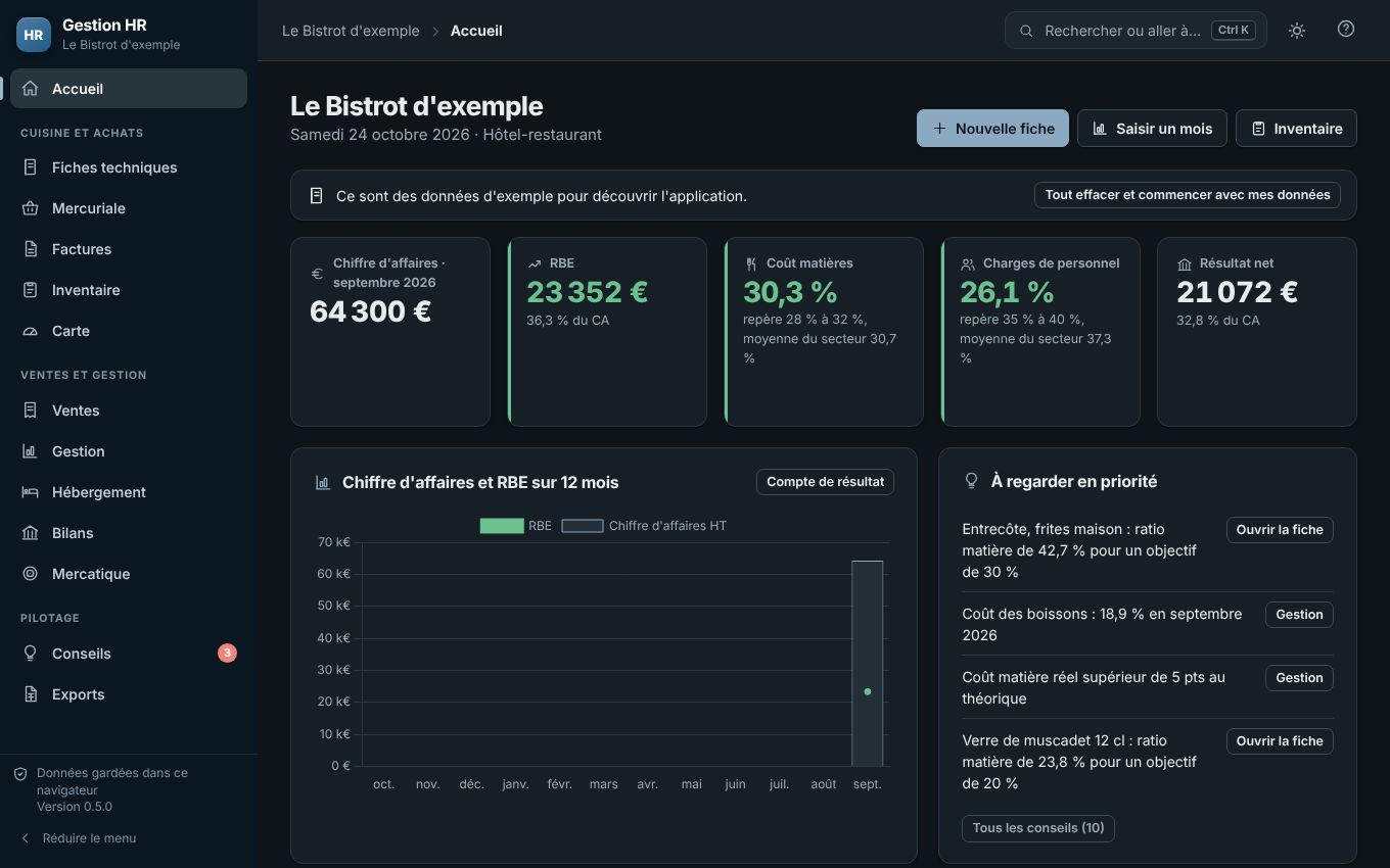 Tableau de bord du logiciel en thème sombre